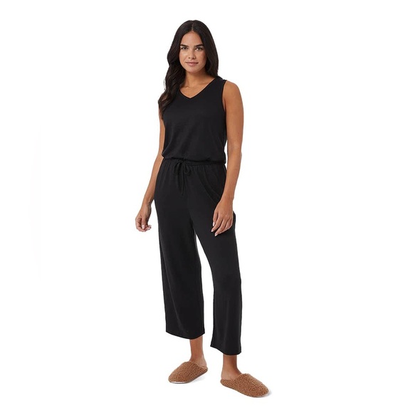 32 Degrees Black Loungewear Stretchy Jumpsuit V Neck Tank Top Straight Wide Leg - Picture 1 of 5